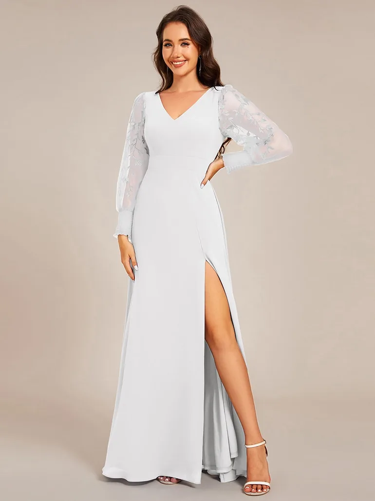 ever RYLEE|See-Through Long Sleeve V-Neck High Slit Chiffon Formal Evening Dress - 3