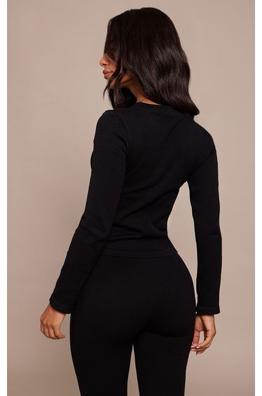 Petite Black Contour Rib Long Sleeve Button Up Long Top product thumbnail 3