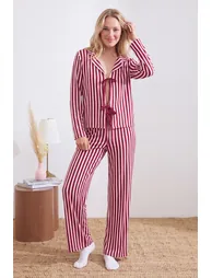 Claret Red-Multicolored Striped Tied 30/1 Combed Jersey Knitted Pajama Set
