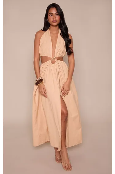 Stone Linen Look Halterneck Ring Detail Maxi Dress