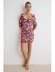 Red-Multicolor Knitted Tulle Mini Lined Dress