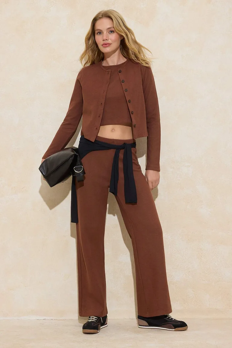 Dark brown 3-piece thessaloniki/trikot look buttoned stretch knit bottom - top set - 3