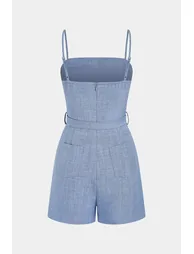 Belted Pocket Asymmetrical Slip Sleeveless Romper - 1