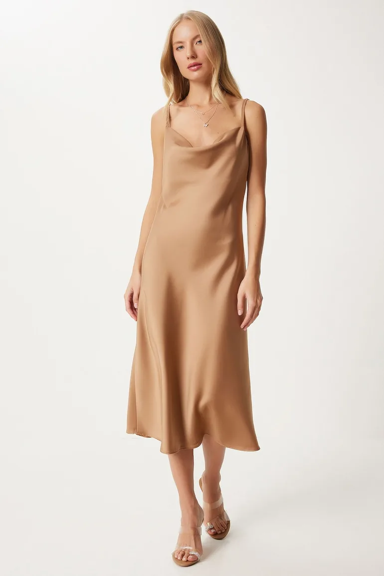 Women's Camel Cowl Neck Satin Surface Dress - 1