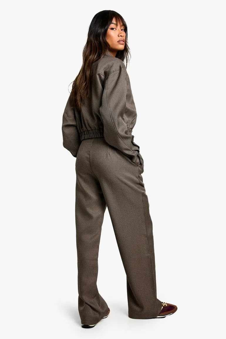 Tonal Check Wide Leg Tailored Trousers - chocolate - 2