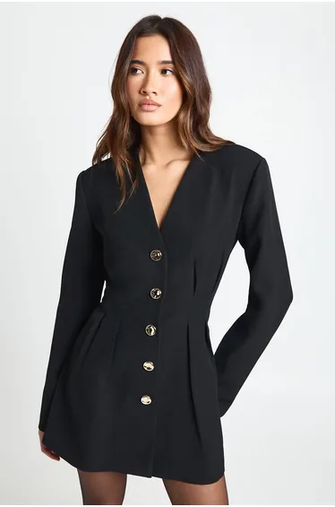 Long Sleeve Collarless Tailored Mini Dress - black