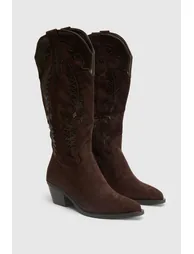 Faux Suede Contrast Detail Knee High Western Boots - chocolate - 2