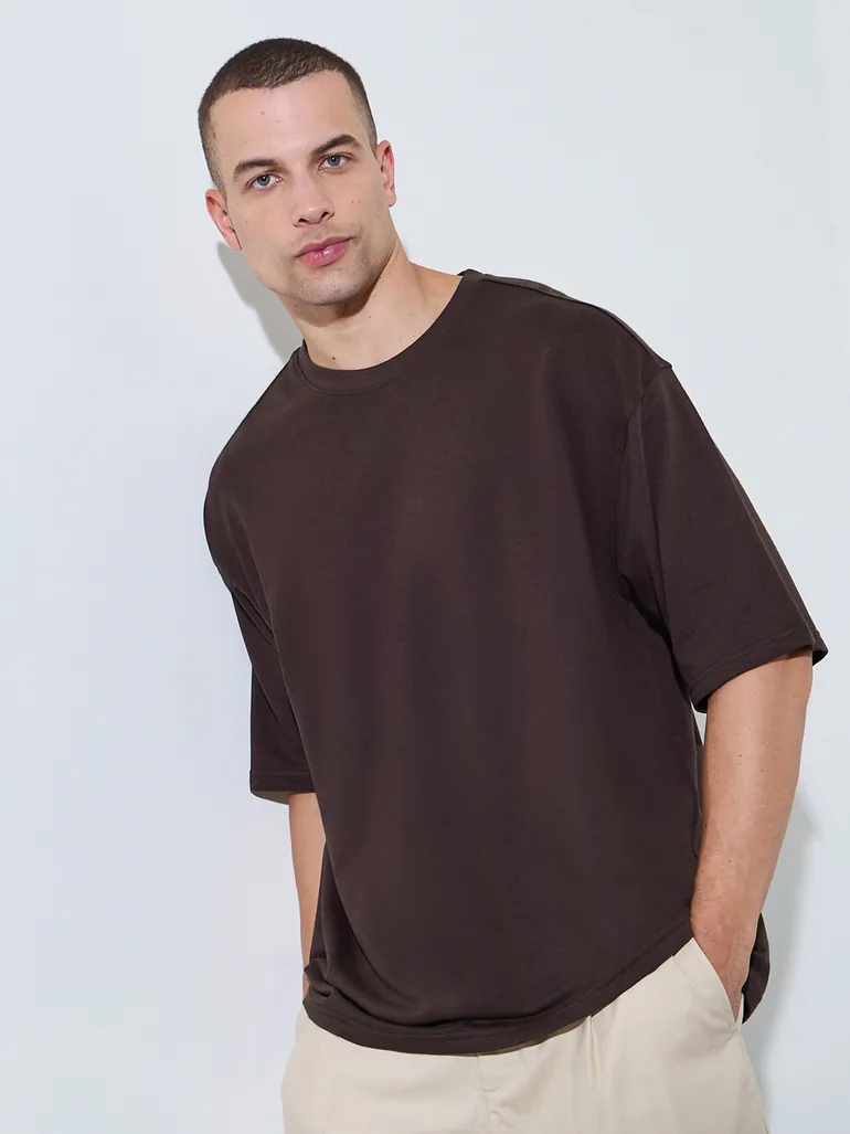 Men Brown Boxy Fit Graphic Print Crew Neck T-Shirt - 2
