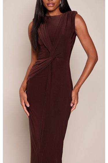 Chocolate Double Layer Slinky Sleeveless Front Twist Drape Maxi Dress product thumbnail 4