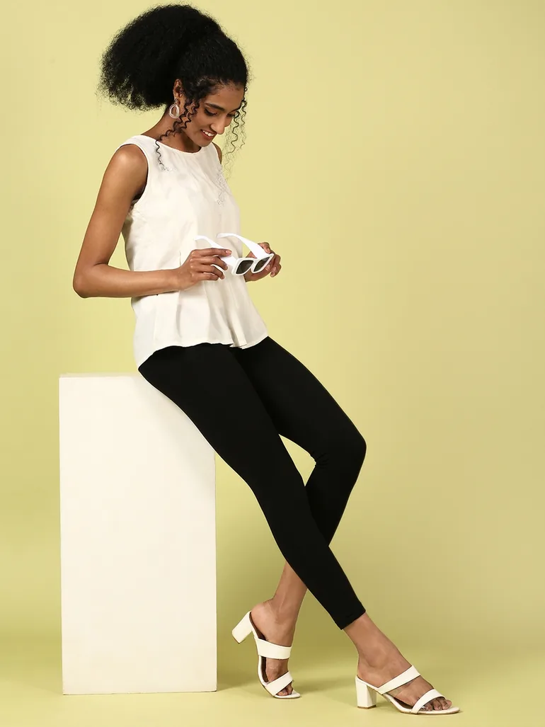 Black Knitted Cotton Blend Leggings - 1