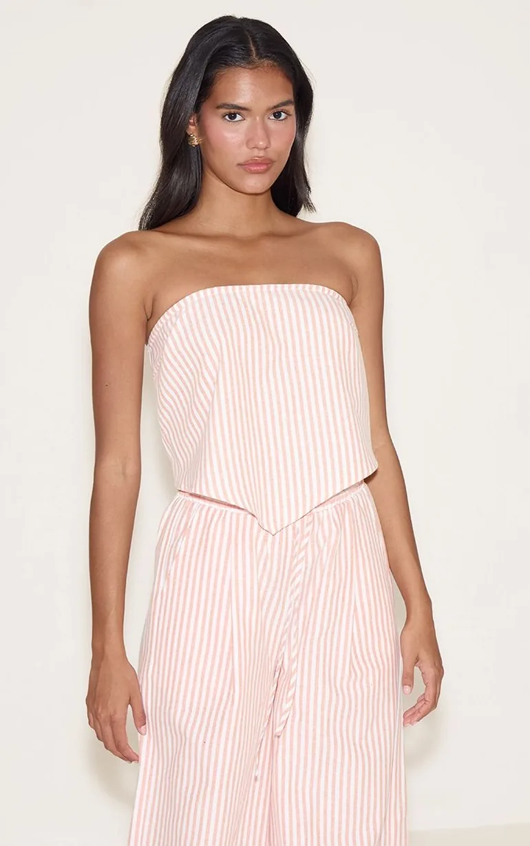Orange Pinstriped Bandeau Dipped Hem Top - 5