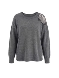Anthracite Lace Detailed Soft Textured Knitwear Large Size Sweater - 4