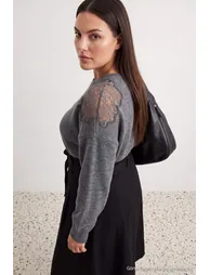 Anthracite Lace Detailed Soft Textured Knitwear Large Size Sweater - 3