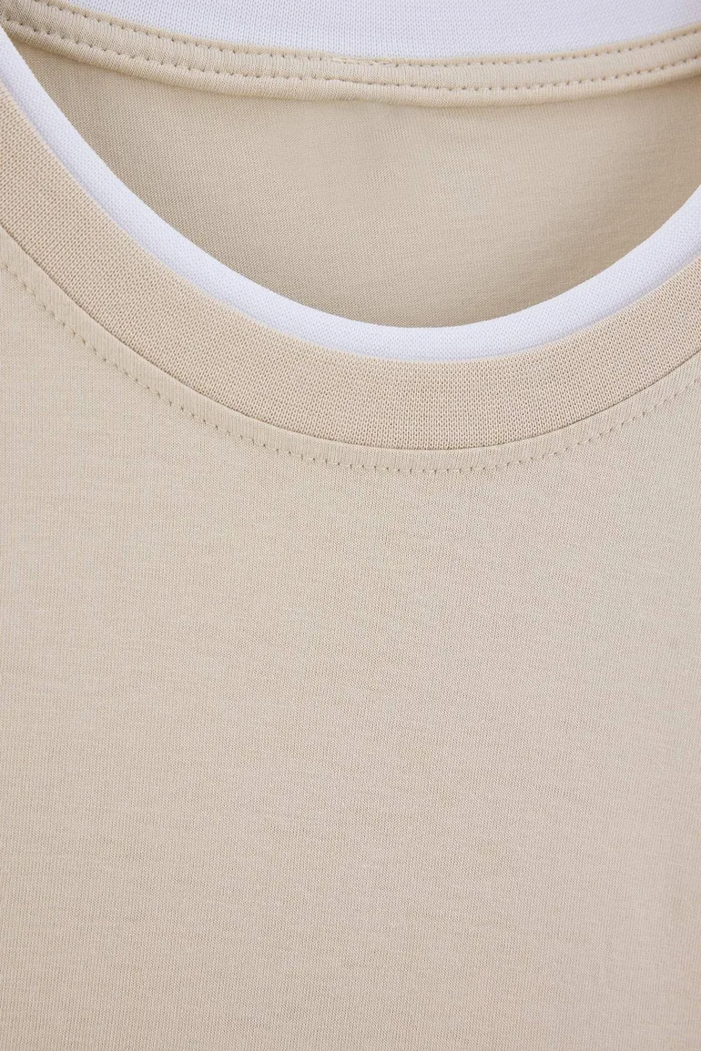 Beige Regular Low Shoulder 100% Cotton Collar Detailed T-Shirt - 7