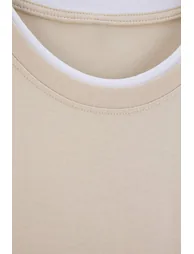 Beige Regular Low Shoulder 100% Cotton Collar Detailed T-Shirt - 7