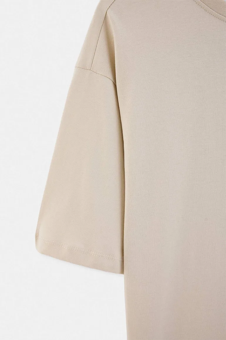 Beige Regular Low Shoulder 100% Cotton Collar Detailed T-Shirt - 8