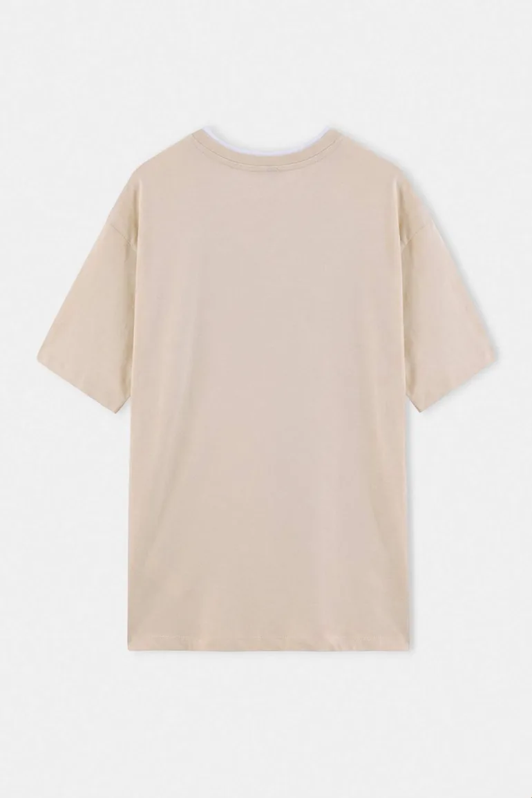 Beige Regular Low Shoulder 100% Cotton Collar Detailed T-Shirt - 9