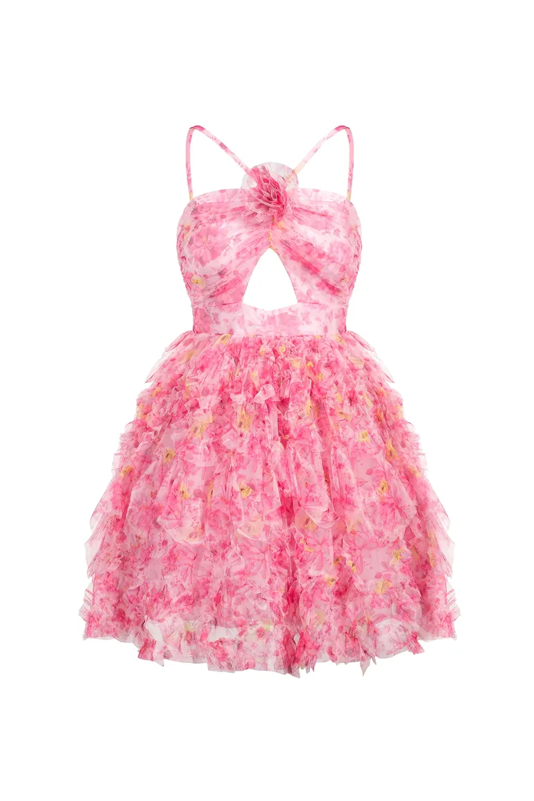 Daware Sleeveless Flower Printed Hollow Out Folds Mini Dress - 6