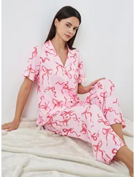 Women Bow Print Buttoned Shirt and Pyjama Set