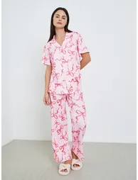 Women Bow Print Buttoned Shirt and Pyjama Set - 1