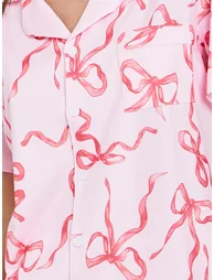 Women Bow Print Buttoned Shirt and Pyjama Set - 3