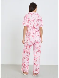 Women Bow Print Buttoned Shirt and Pyjama Set - 5