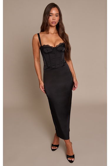 Black Satin Lace Cup Detail Midi Dress