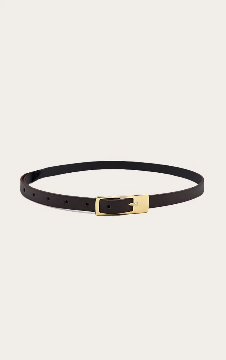 Chocolate PU Square Buckle Skinny Belt - 3