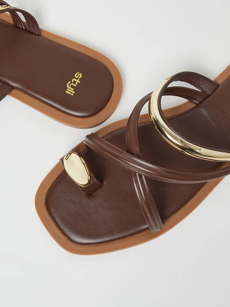 Brown Toe Ring Flat Sandals - 2