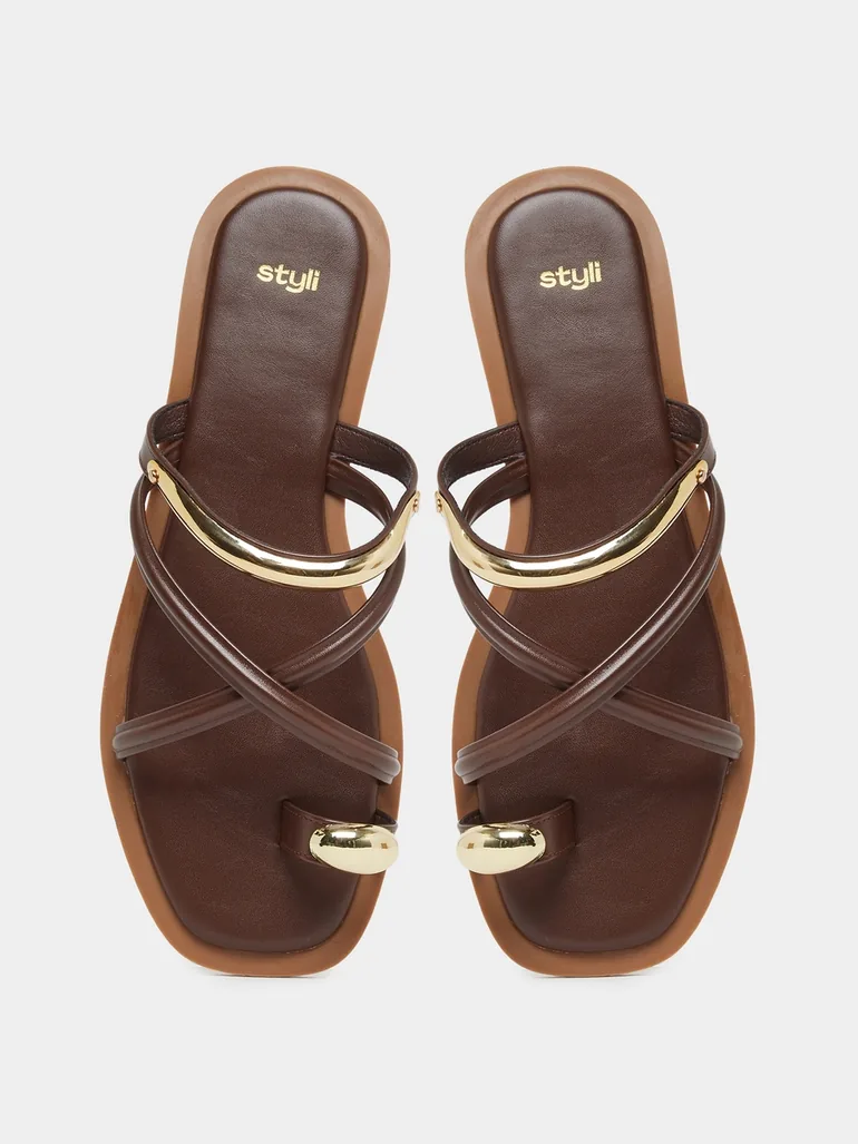 Brown Toe Ring Flat Sandals - 4
