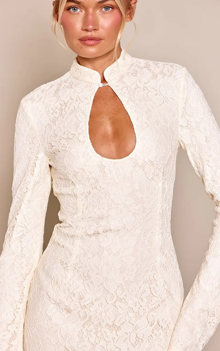 Cream Lace Long Sleeve Keyhole Mini Dress - 3
