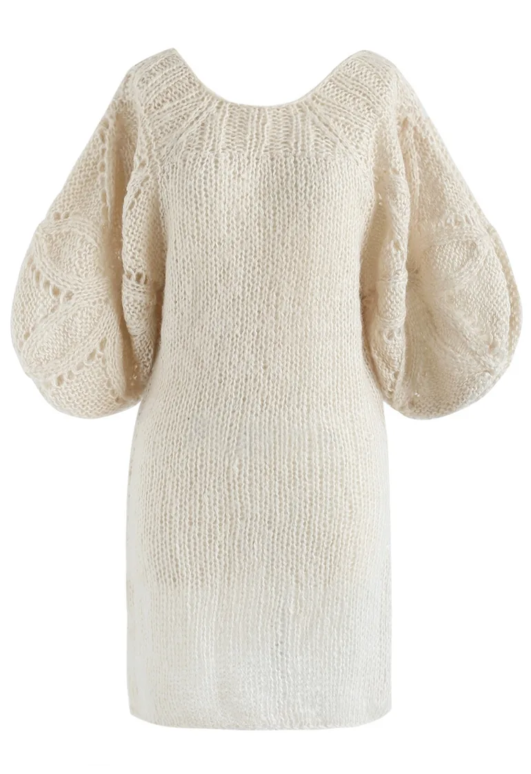 What We Dream Fluffy Hand-Knit Shift Dress with Bubble Sleeves - 4