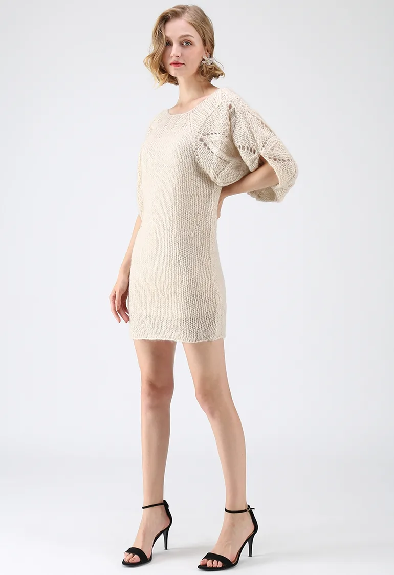 What We Dream Fluffy Hand-Knit Shift Dress with Bubble Sleeves - 3