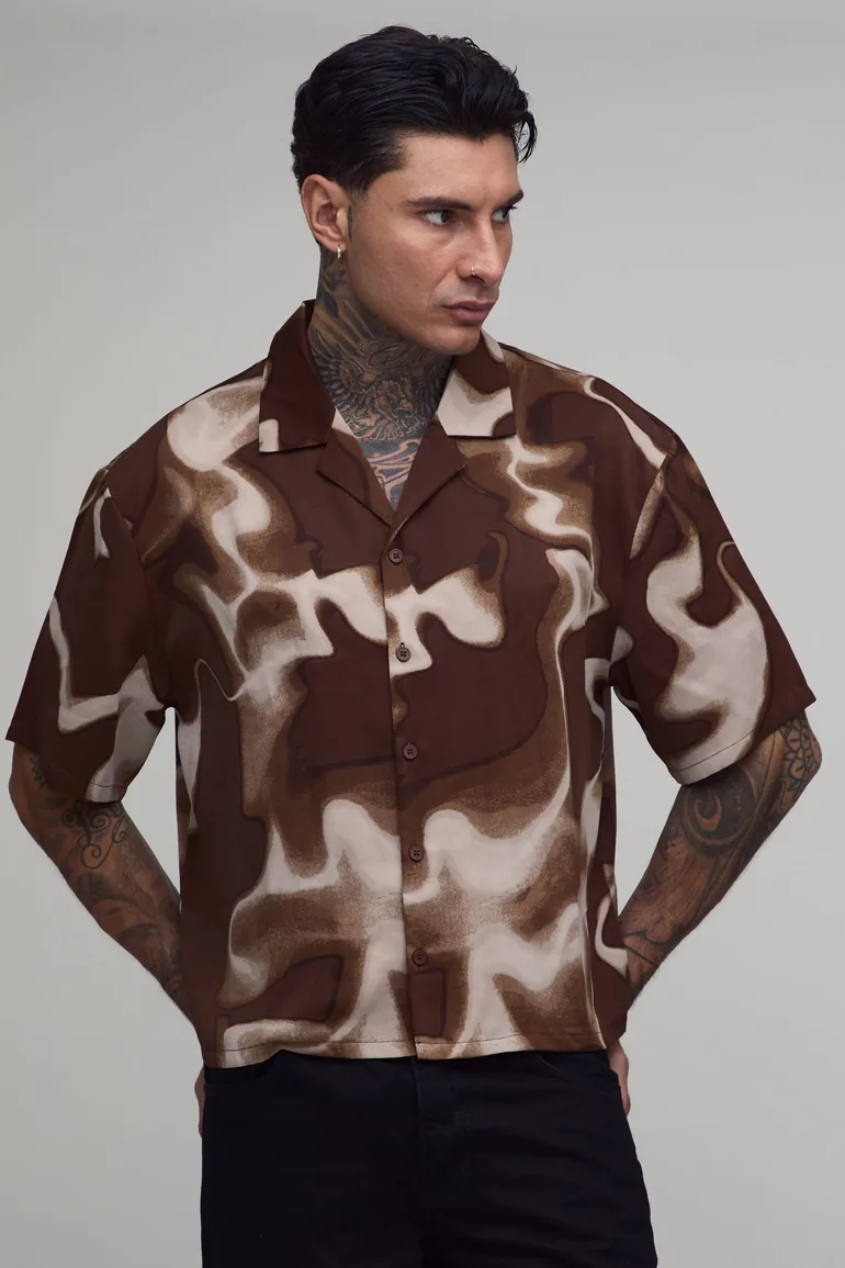 Tall Oversized Boxy Distorted Strobe Print Shirt - chocolate