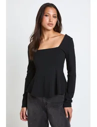 Scoop Neck Long Sleeve Peplum Top - black - 1