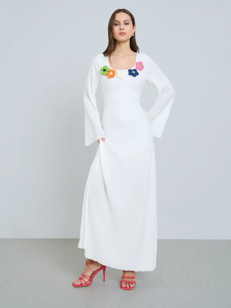 White Textured Flower Corsage Maxi Dress
