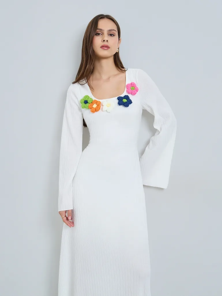 White Textured Flower Corsage Maxi Dress - 1