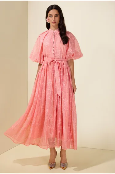 Embroidered Rhinestone Puff Sleeve Midi Dress