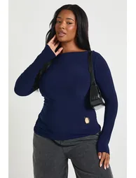 Plus Long Sleeve Ruched Trim Detail Top - navy