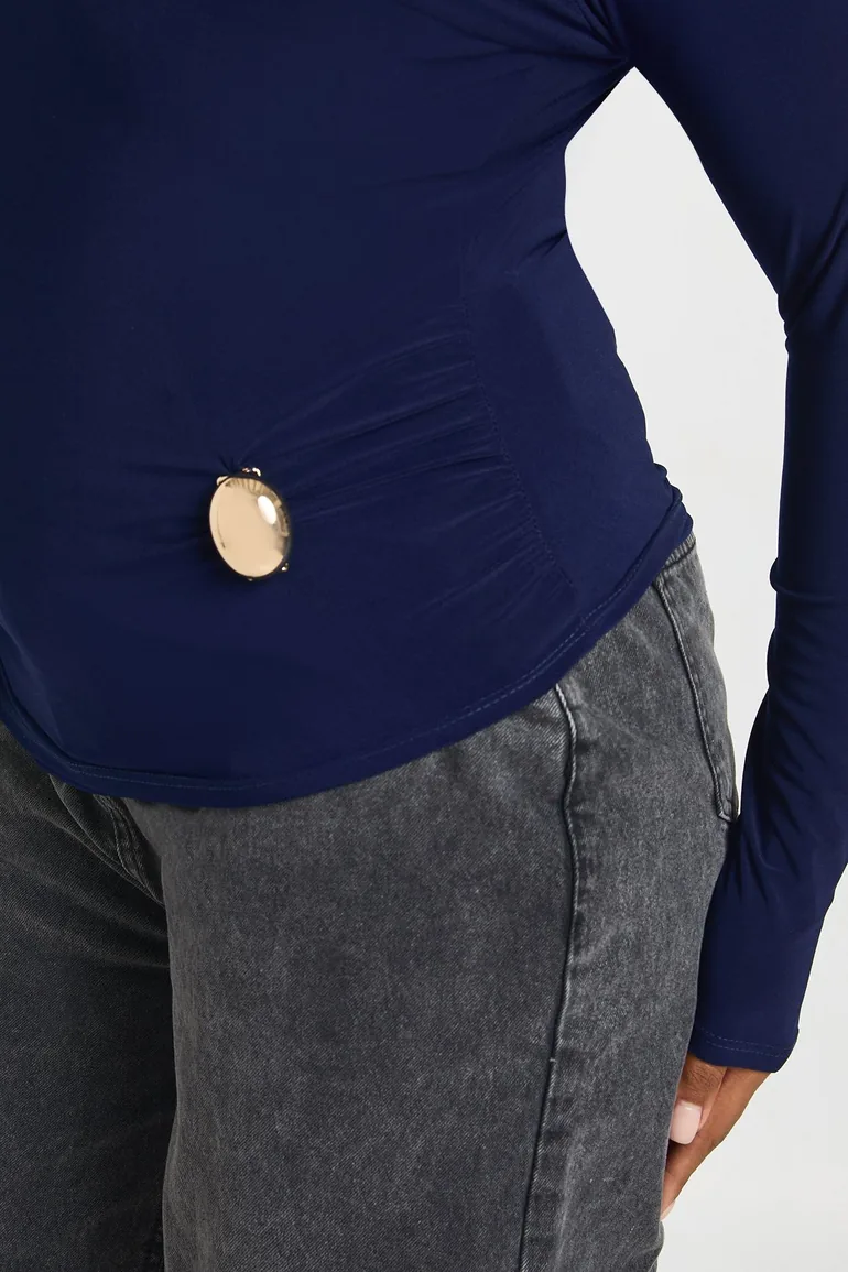 Plus Long Sleeve Ruched Trim Detail Top - navy - 3