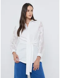 Front Knot Lace Long Sleeve Buttoned Shirt - 1