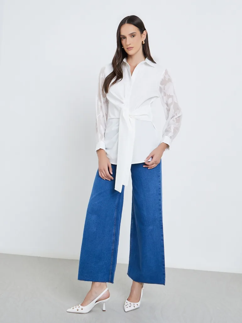 Front Knot Lace Long Sleeve Buttoned Shirt