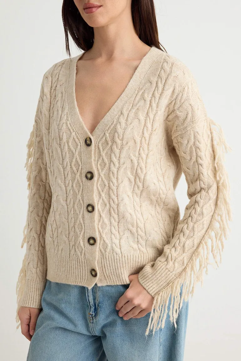 Beige Soft Textured Tassel Detailed Knitwear Cardigan - 2