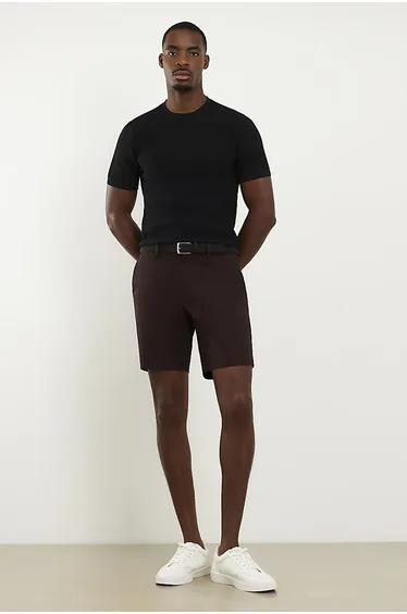 Brown Slim Fit Belted Chino Shorts