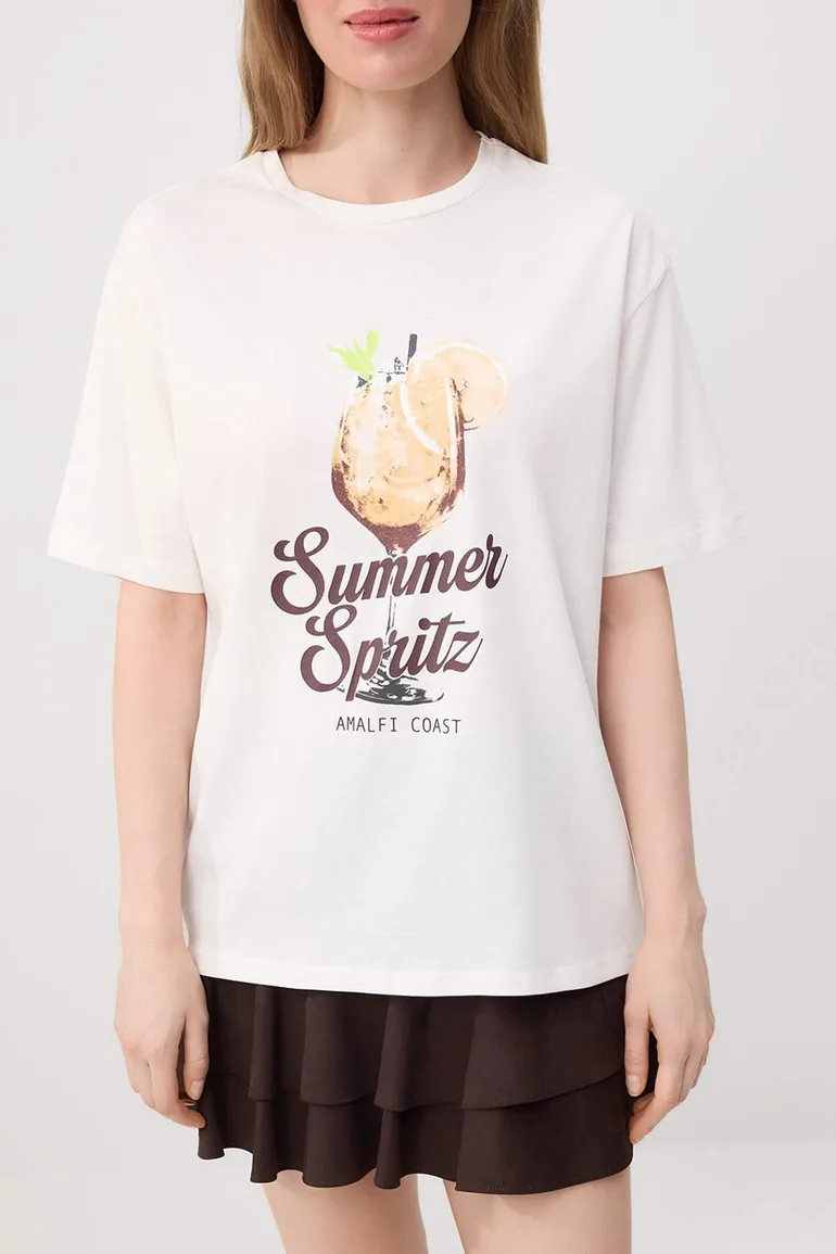 Ecru Printed Oversize/Wide Fit Short Sleeve Knitted T-Shirt - 2