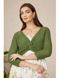 Yumi Green Cotton Crochet Twisted Bolero Top - 1