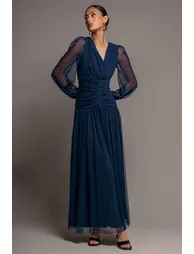 Gathered Long Balloon Sleeve A-Line Mesh Maxi Dress - Navy Blue by Goddiva - 2