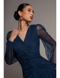 Gathered Long Balloon Sleeve A-Line Mesh Maxi Dress - Navy Blue by Goddiva - 3