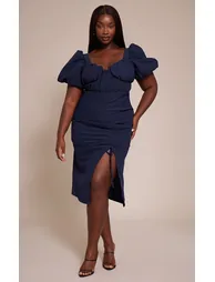 Plus Navy Puff Sleeve Ruched Split Side Midi Dress - 5