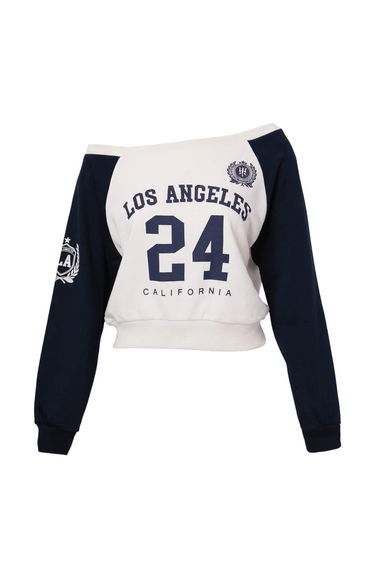 Ecru Color Block City Print Oversize/Wide Cut Boat Neck Crop Knitted Sweatshirt